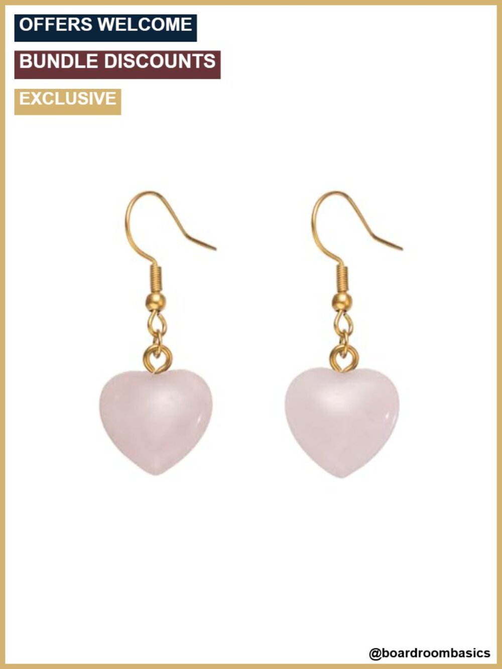 Heart Rose Quartz Drop Earrings 18K Gold Plated Stainless Steel